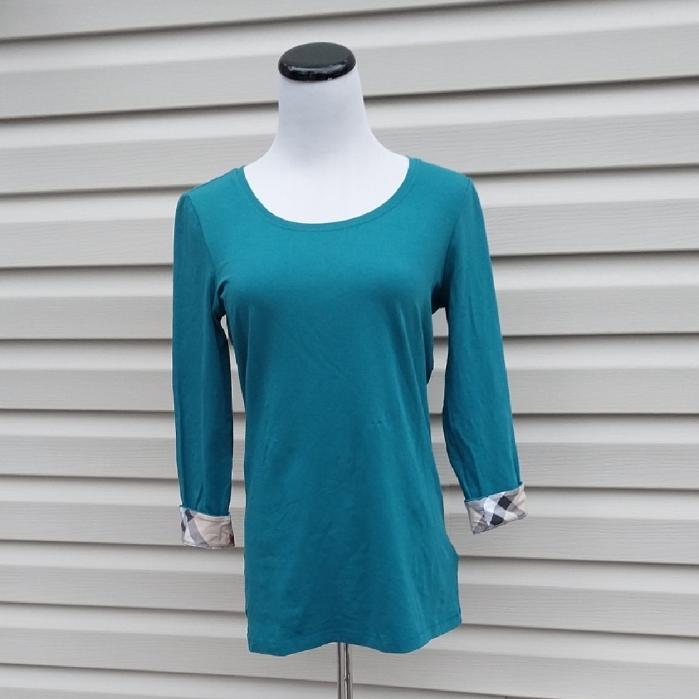 BURBERRY TEAL NOVA CHECK CUFFS TOP TEE SHIRT